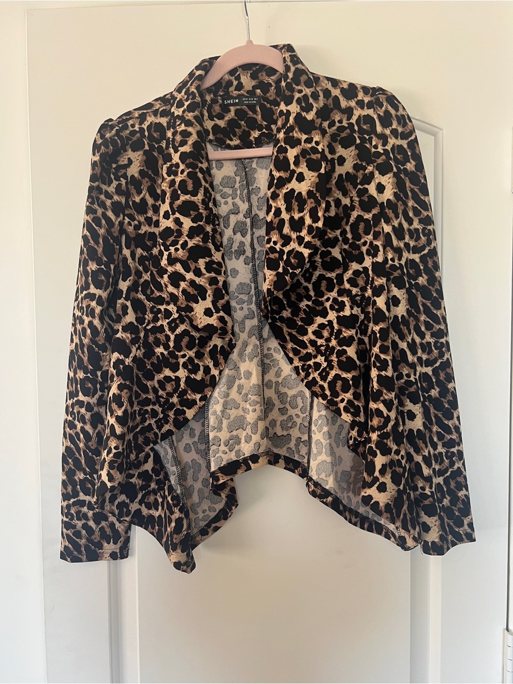 SHEIN Leopard Print Draped Open Front Jacket - Tan & Black